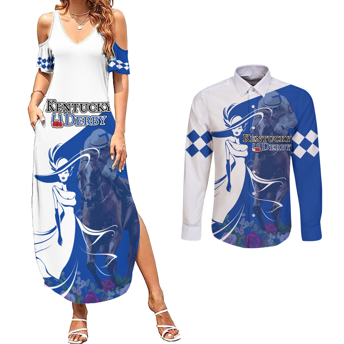 Kentucky Racing Horses Derby Hat Girl Couples Matching Summer Maxi Dress and Long Sleeve Button Shirt Blue Color - Wonder Print Shop