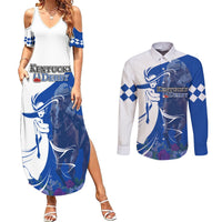 Kentucky Racing Horses Derby Hat Girl Couples Matching Summer Maxi Dress and Long Sleeve Button Shirt Blue Color - Wonder Print Shop
