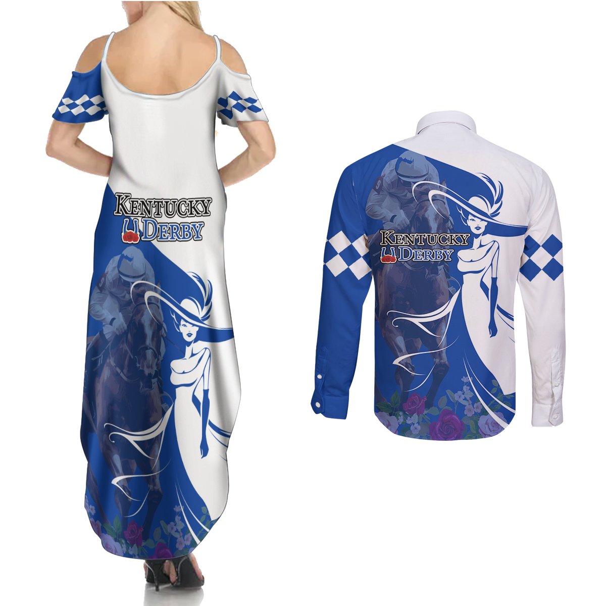 Kentucky Racing Horses Derby Hat Girl Couples Matching Summer Maxi Dress and Long Sleeve Button Shirt Blue Color - Wonder Print Shop