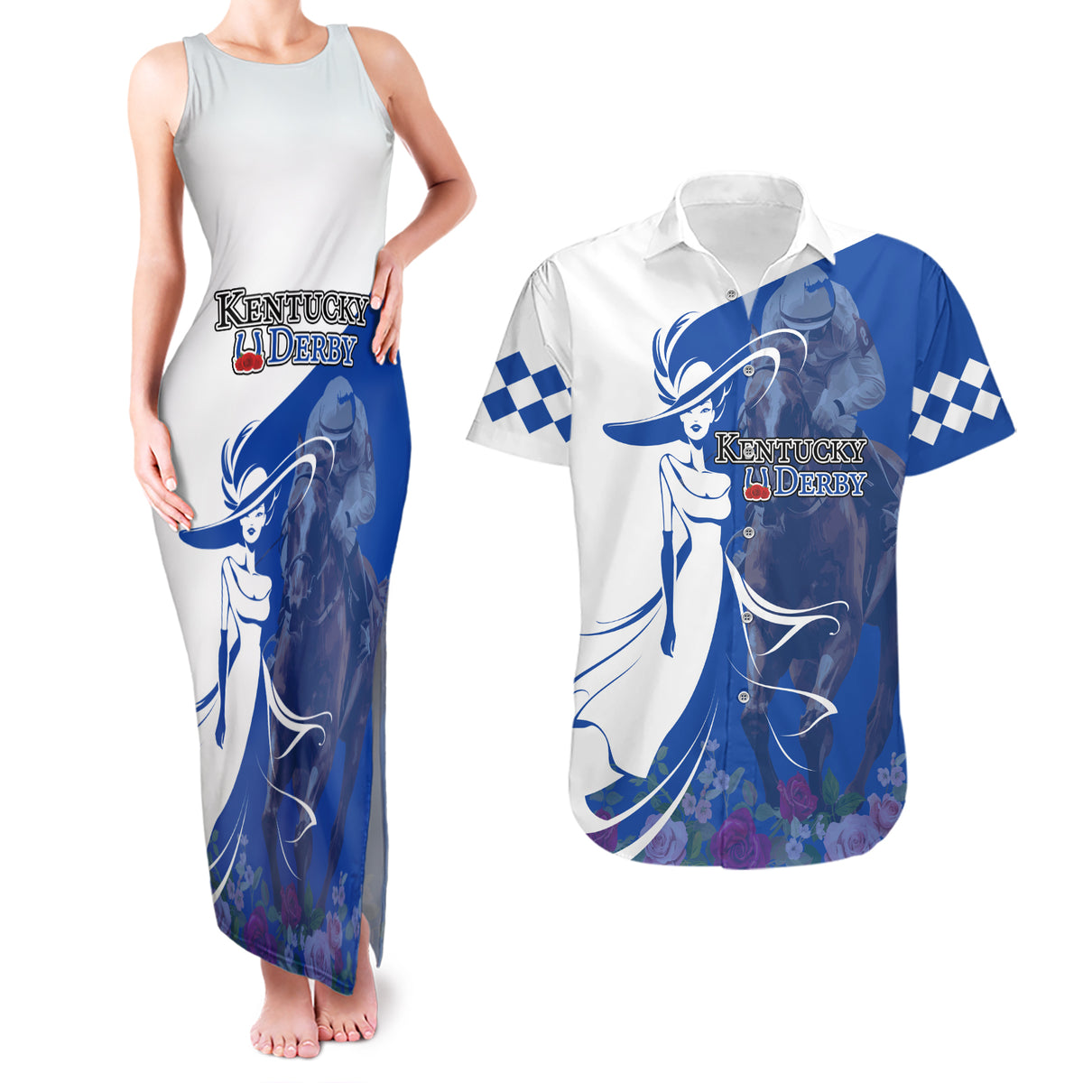 Kentucky Racing Horses Derby Hat Girl Couples Matching Tank Maxi Dress and Hawaiian Shirt Blue Color - Wonder Print Shop