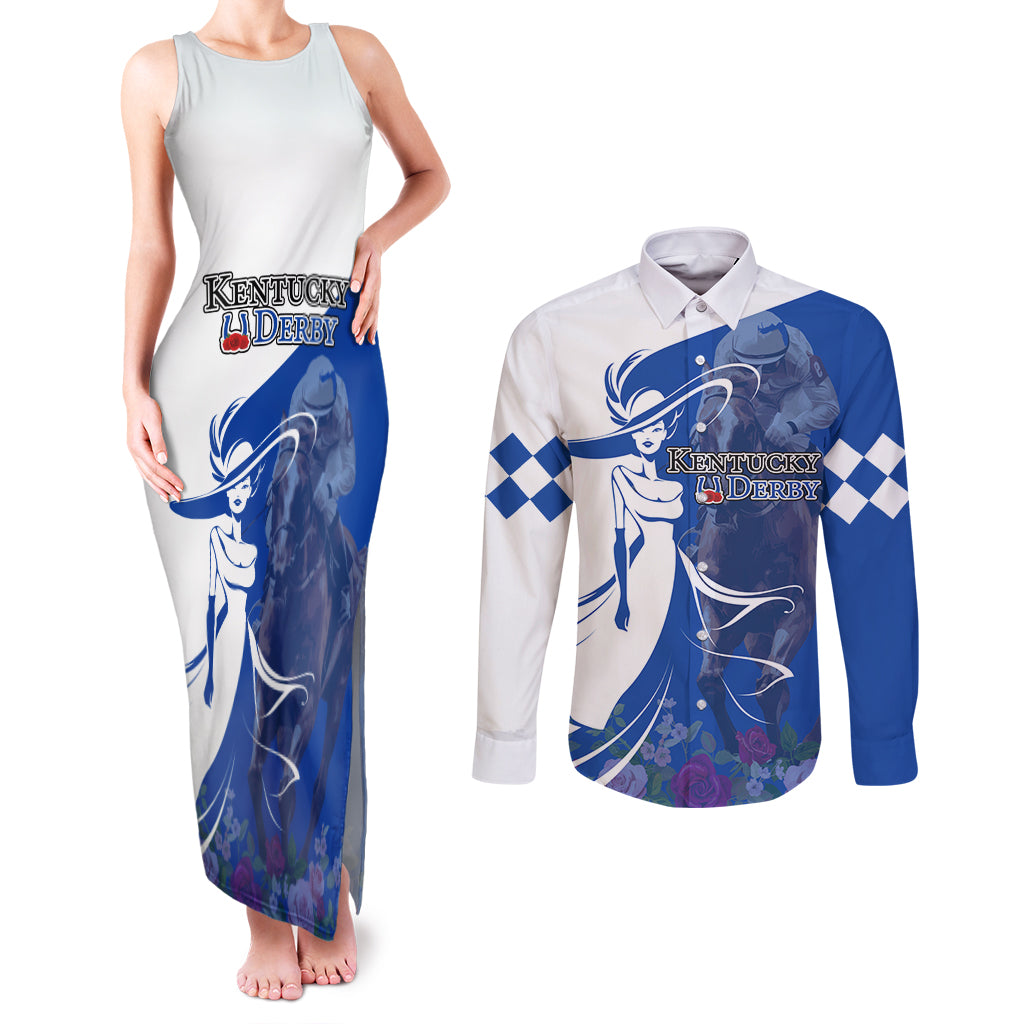 Kentucky Racing Horses Derby Hat Girl Couples Matching Tank Maxi Dress and Long Sleeve Button Shirt Blue Color - Wonder Print Shop