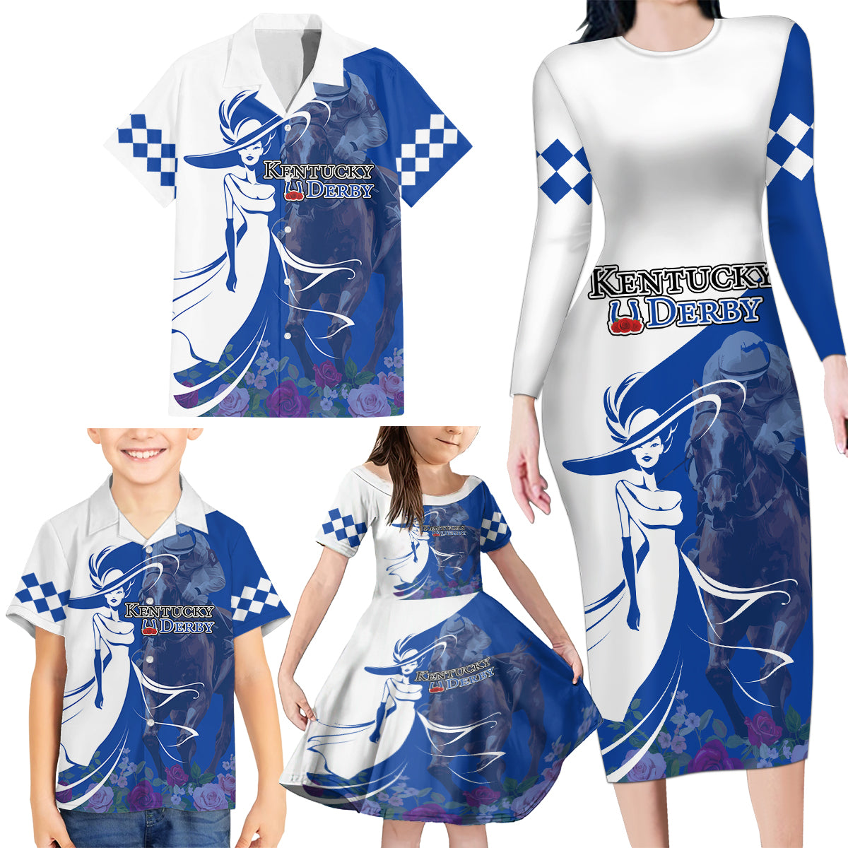 Kentucky Racing Horses Derby Hat Girl Family Matching Long Sleeve Bodycon Dress and Hawaiian Shirt Blue Color - Wonder Print Shop