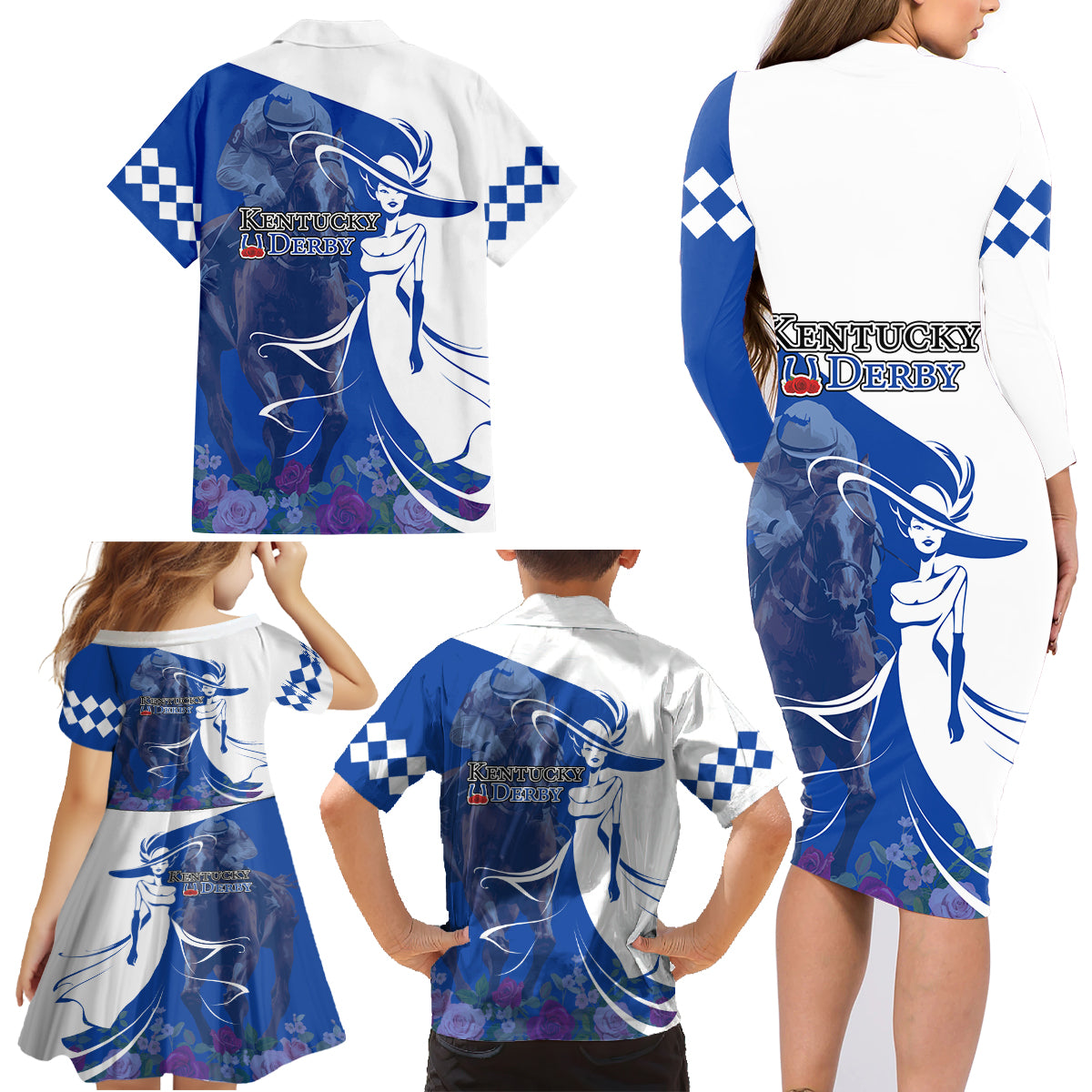 Kentucky Racing Horses Derby Hat Girl Family Matching Long Sleeve Bodycon Dress and Hawaiian Shirt Blue Color - Wonder Print Shop