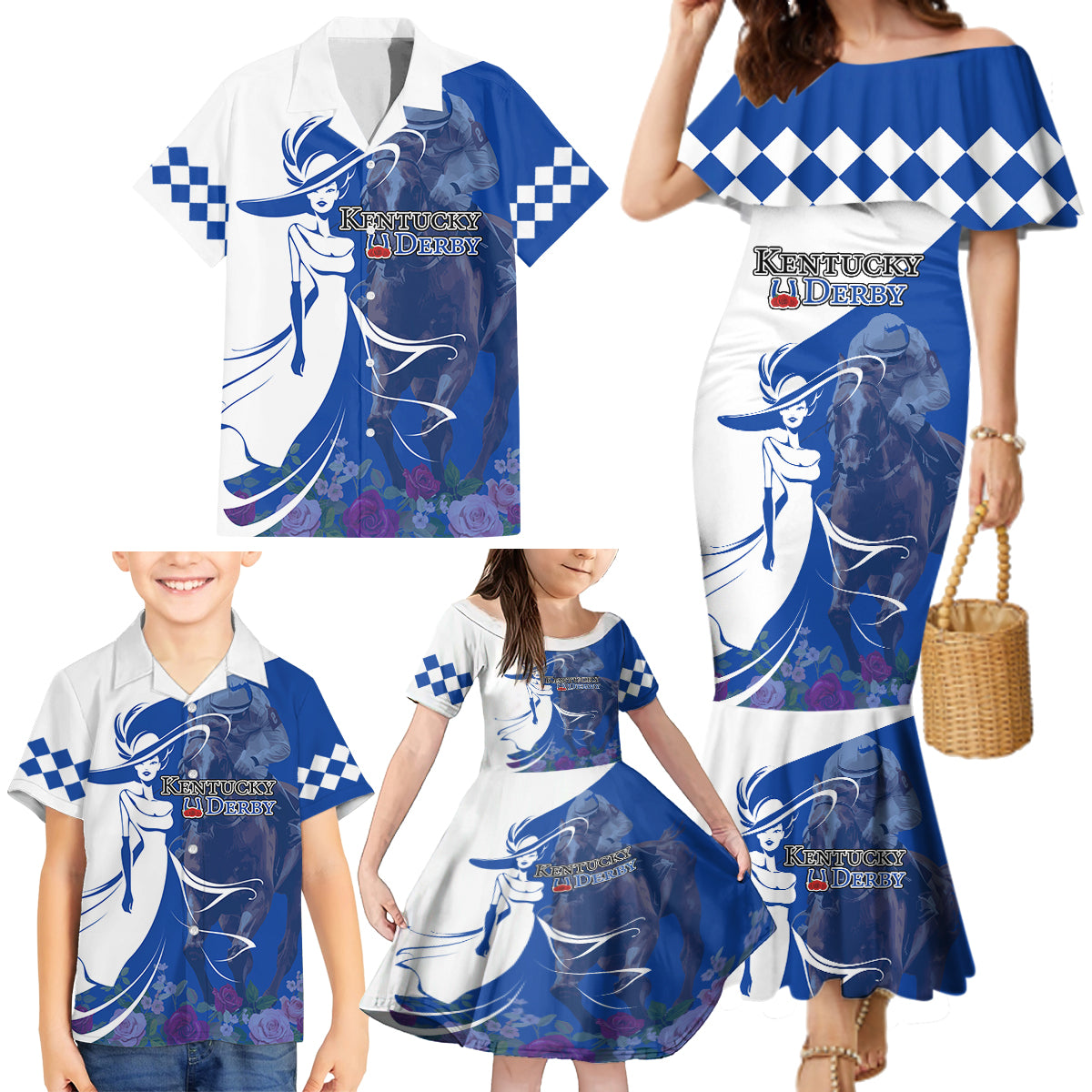 Kentucky Racing Horses Derby Hat Girl Family Matching Mermaid Dress and Hawaiian Shirt Blue Color - Wonder Print Shop
