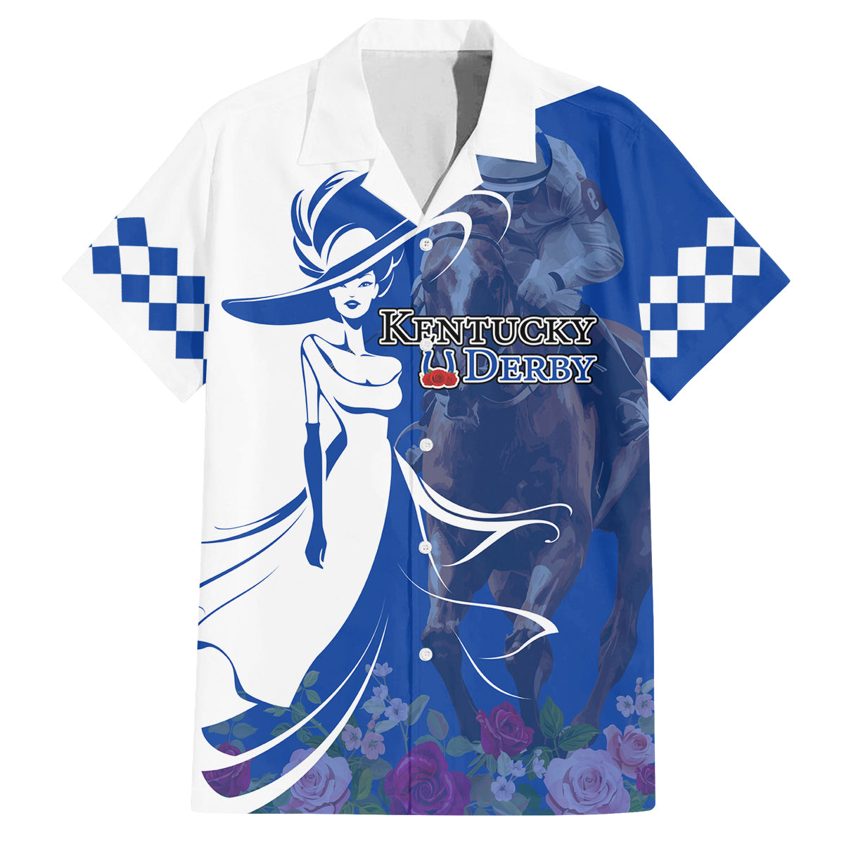 Kentucky Racing Horses Derby Hat Girl Family Matching Off The Shoulder Long Sleeve Dress and Hawaiian Shirt Blue Color - Wonder Print Shop