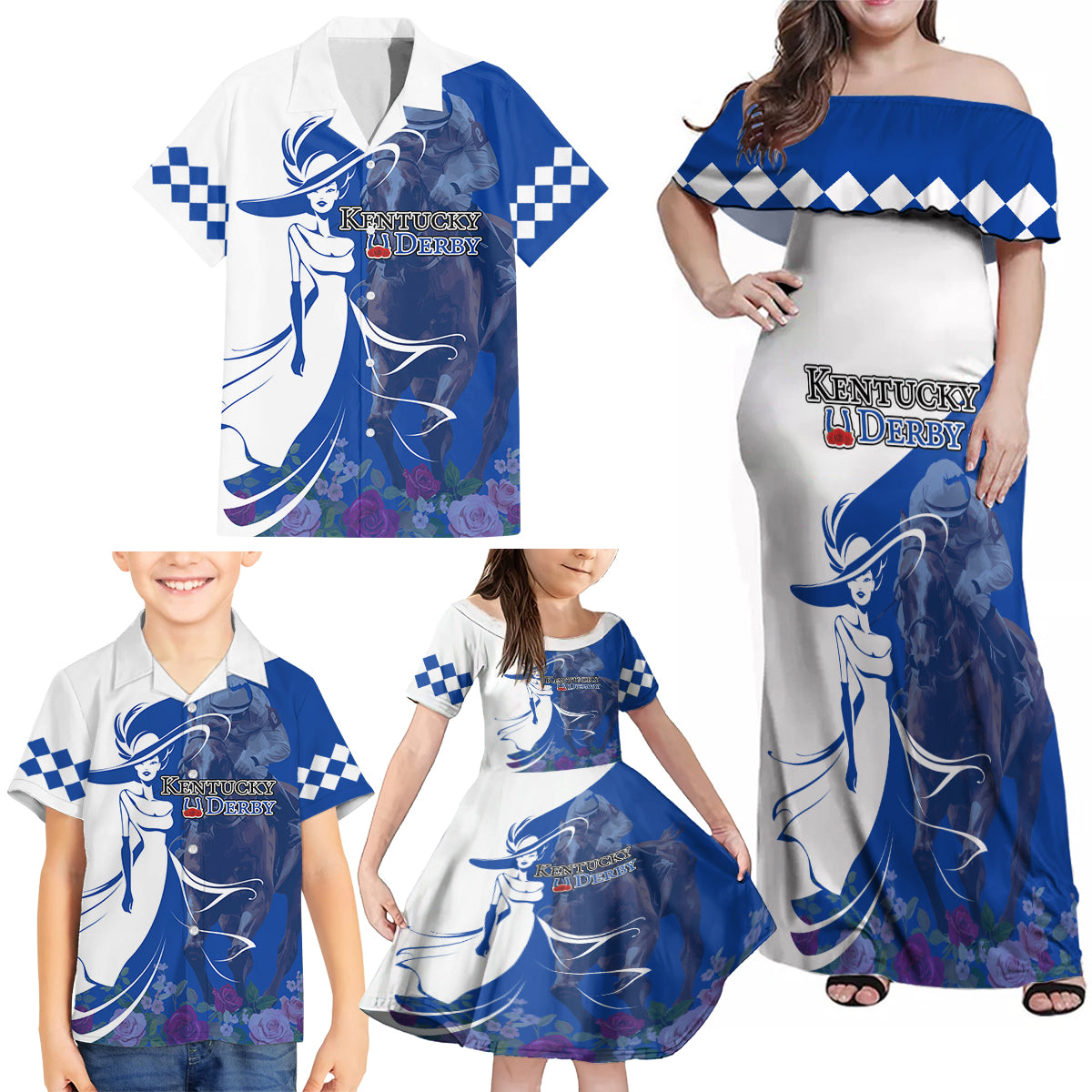 Kentucky Racing Horses Derby Hat Girl Family Matching Off Shoulder Maxi Dress and Hawaiian Shirt Blue Color - Wonder Print Shop