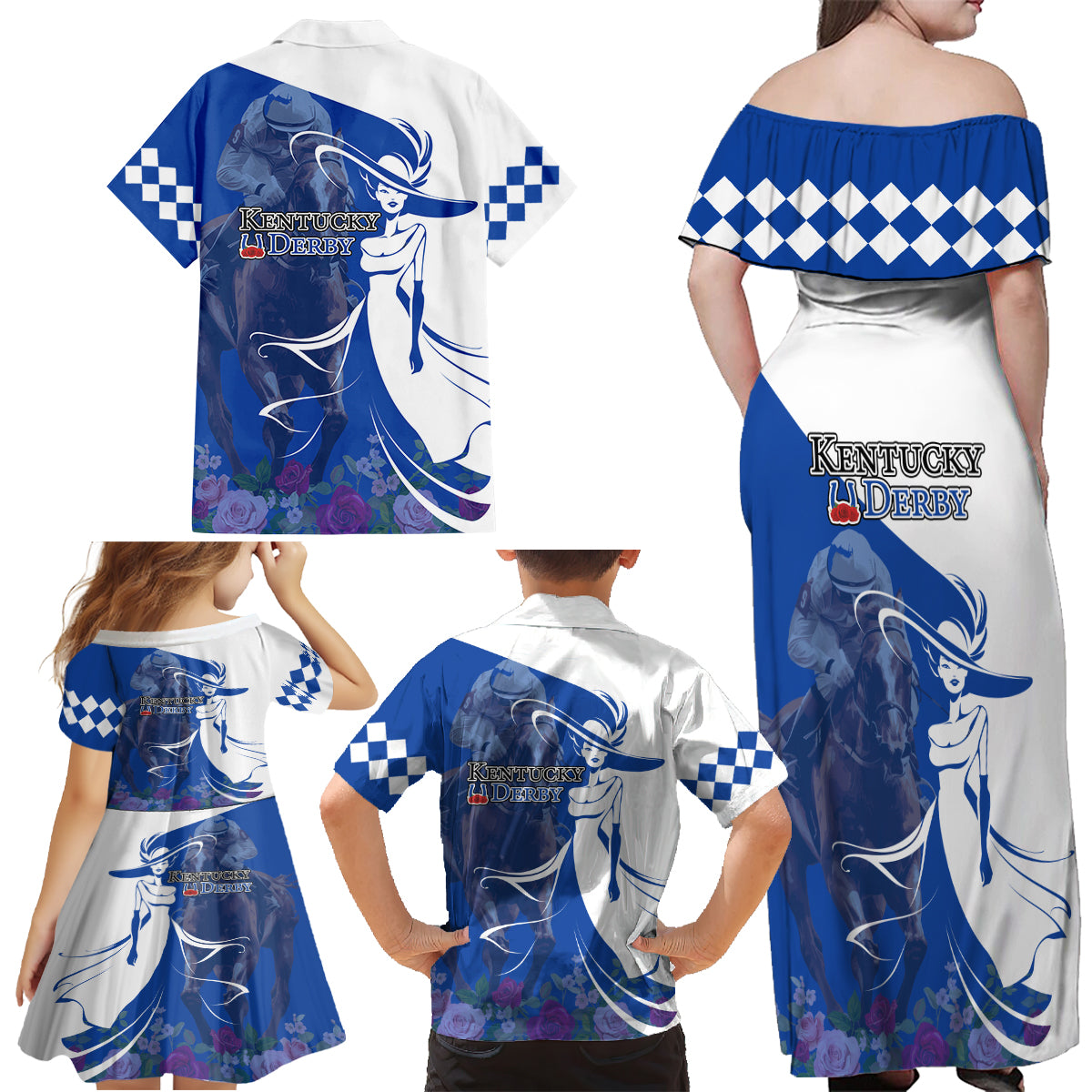 Kentucky Racing Horses Derby Hat Girl Family Matching Off Shoulder Maxi Dress and Hawaiian Shirt Blue Color - Wonder Print Shop