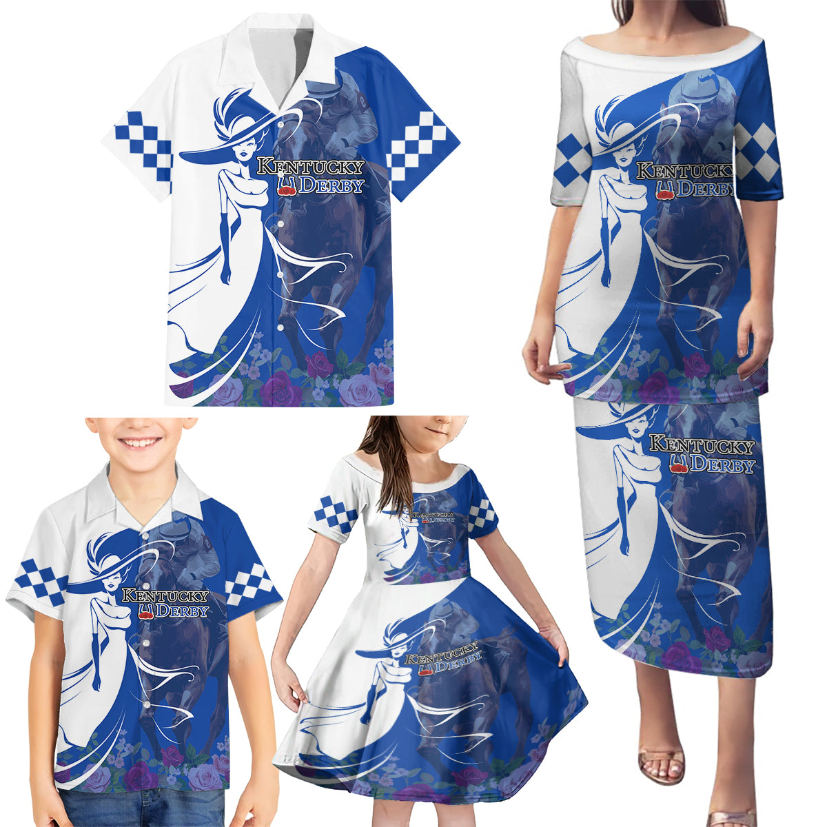 Kentucky Racing Horses Derby Hat Girl Family Matching Puletasi and Hawaiian Shirt Blue Color - Wonder Print Shop