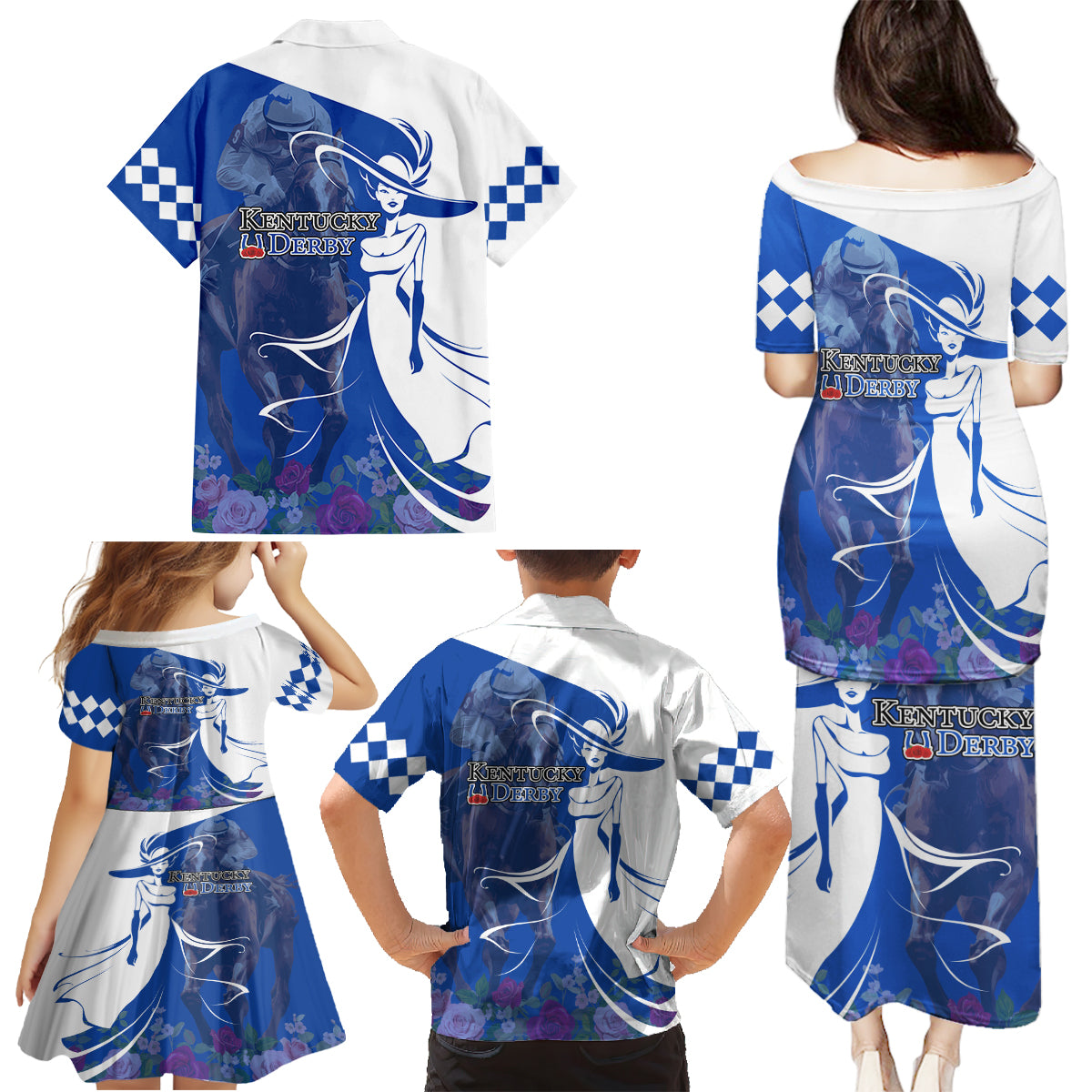 Kentucky Racing Horses Derby Hat Girl Family Matching Puletasi and Hawaiian Shirt Blue Color - Wonder Print Shop