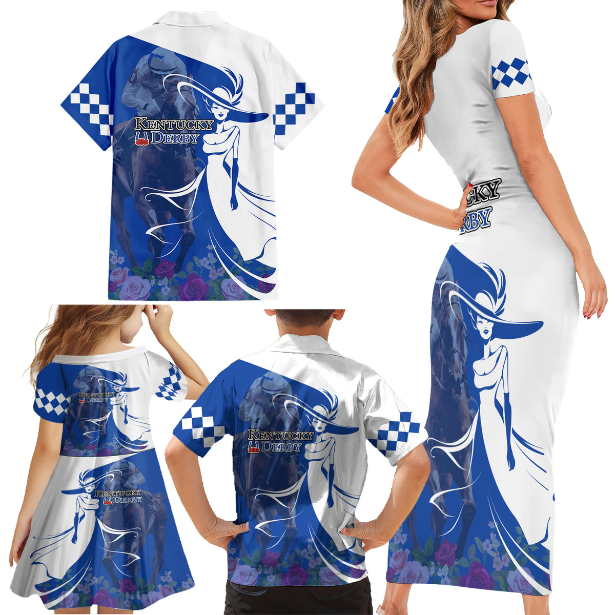 Kentucky Racing Horses Derby Hat Girl Family Matching Short Sleeve Bodycon Dress and Hawaiian Shirt Blue Color - Wonder Print Shop