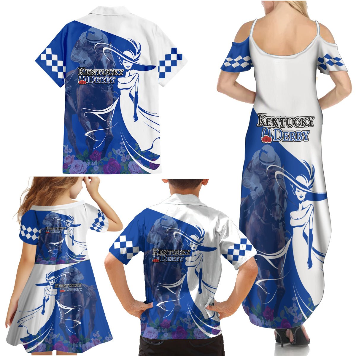 Kentucky Racing Horses Derby Hat Girl Family Matching Summer Maxi Dress and Hawaiian Shirt Blue Color - Wonder Print Shop