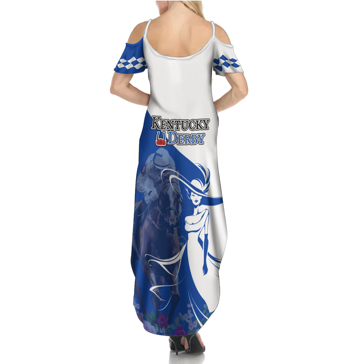 Kentucky Racing Horses Derby Hat Girl Family Matching Summer Maxi Dress and Hawaiian Shirt Blue Color - Wonder Print Shop