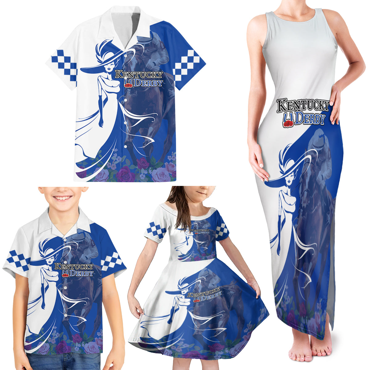 Kentucky Racing Horses Derby Hat Girl Family Matching Tank Maxi Dress and Hawaiian Shirt Blue Color - Wonder Print Shop