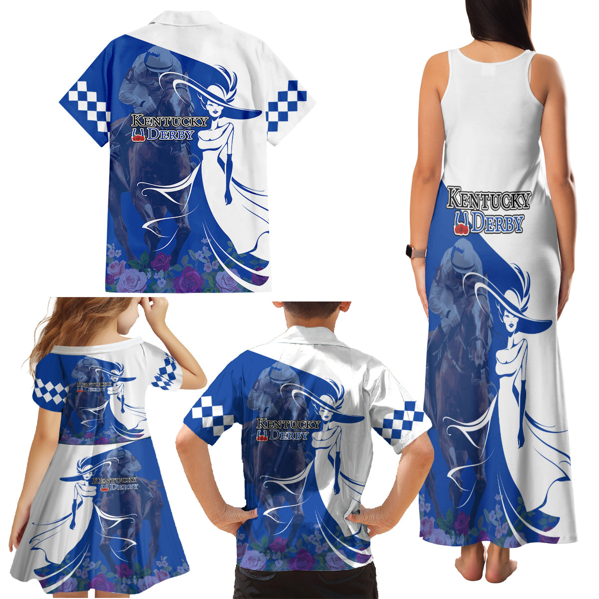 Kentucky Racing Horses Derby Hat Girl Family Matching Tank Maxi Dress and Hawaiian Shirt Blue Color - Wonder Print Shop