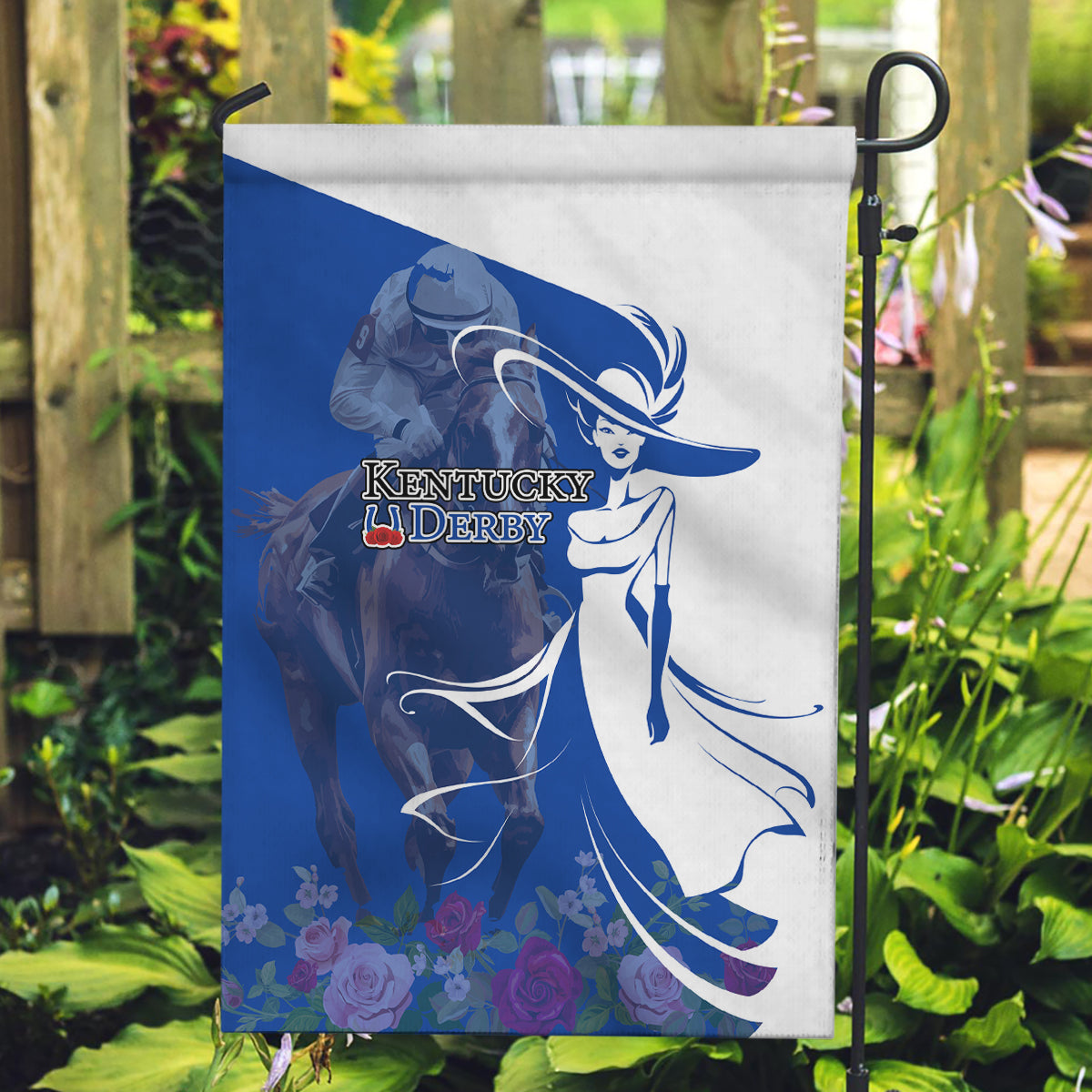 Kentucky Racing Horses Derby Hat Girl Garden Flag Blue Color - Wonder Print Shop