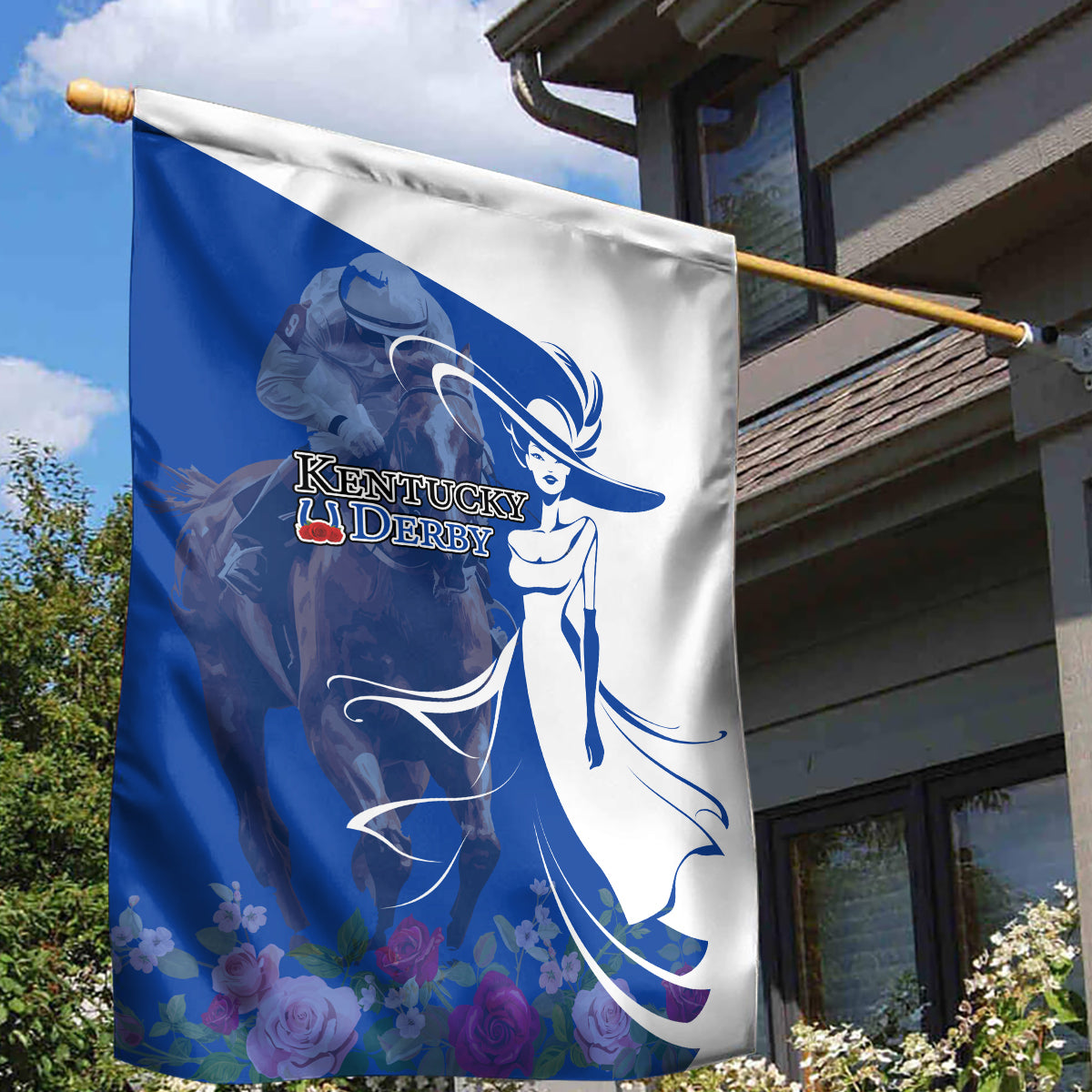 Kentucky Racing Horses Derby Hat Girl Garden Flag Blue Color - Wonder Print Shop