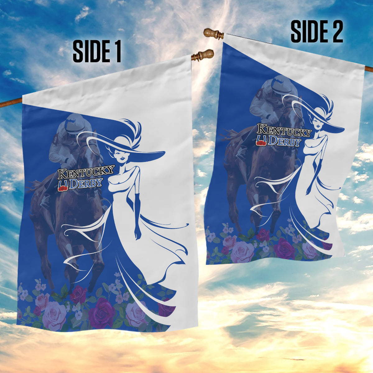 Kentucky Racing Horses Derby Hat Girl Garden Flag Blue Color - Wonder Print Shop
