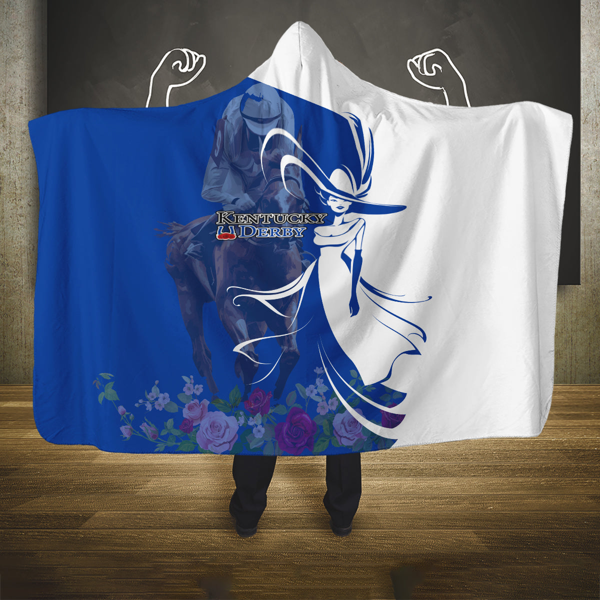 Kentucky Racing Horses Derby Hat Girl Hooded Blanket Blue Color