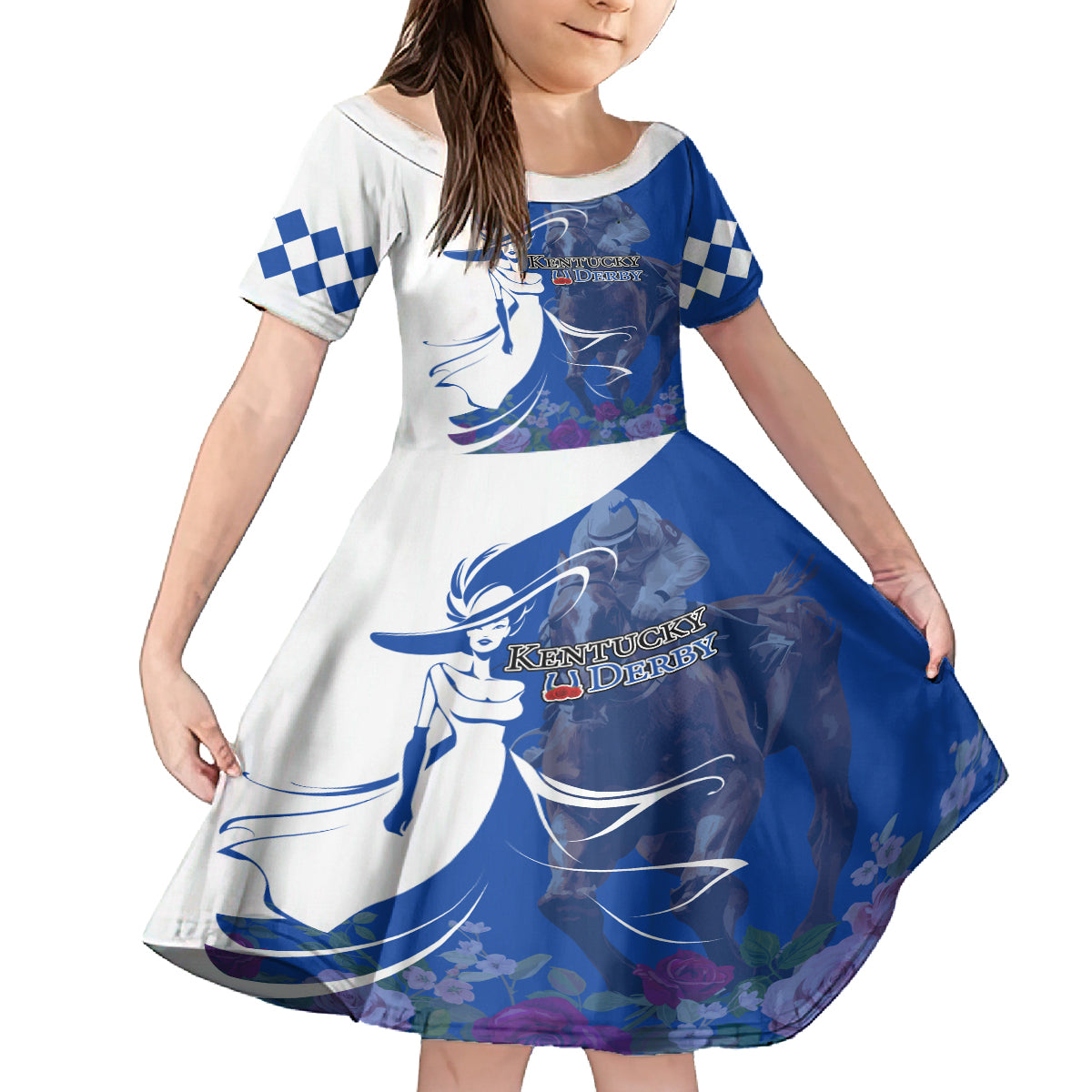 Kentucky Racing Horses Derby Hat Girl Kid Short Sleeve Dress Blue Color - Wonder Print Shop