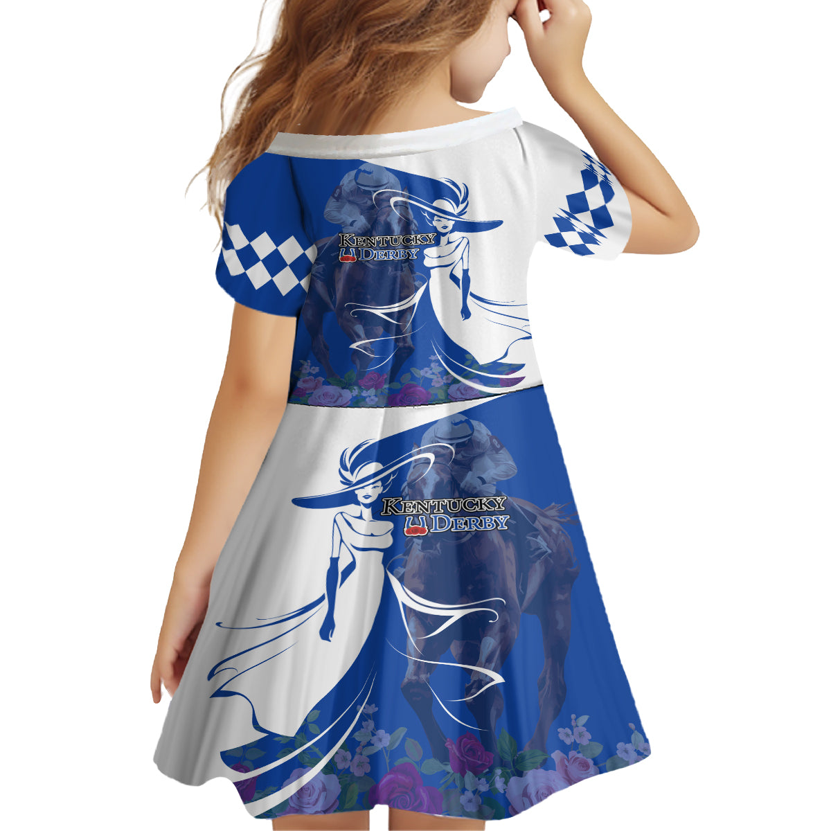 Kentucky Racing Horses Derby Hat Girl Kid Short Sleeve Dress Blue Color - Wonder Print Shop