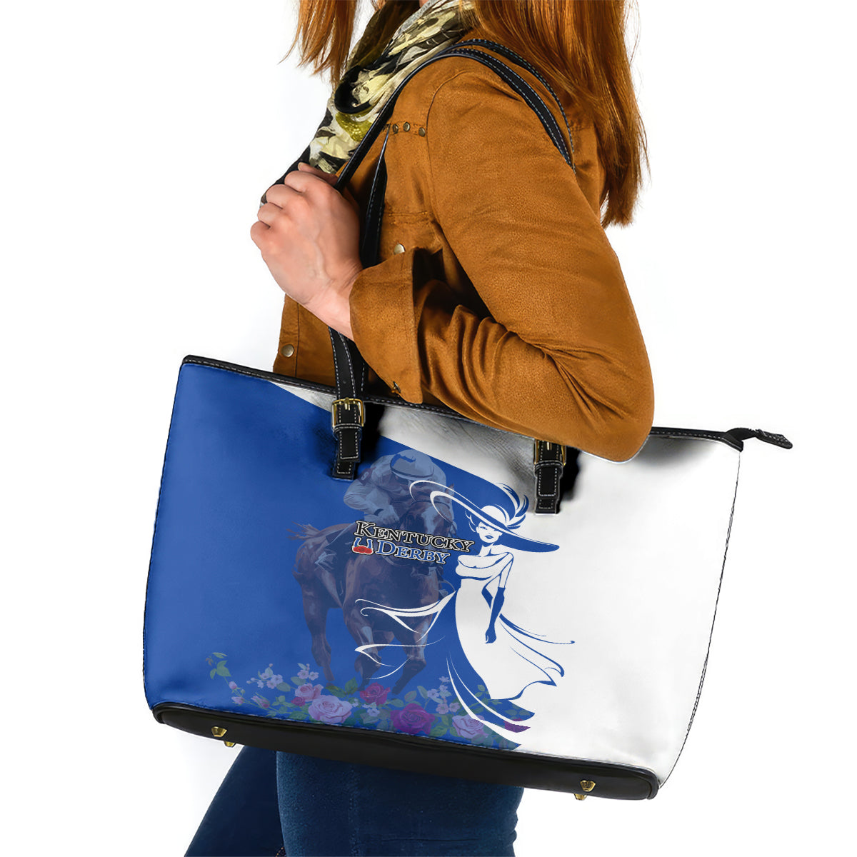 Kentucky Racing Horses Derby Hat Girl Leather Tote Bag Blue Color - Wonder Print Shop