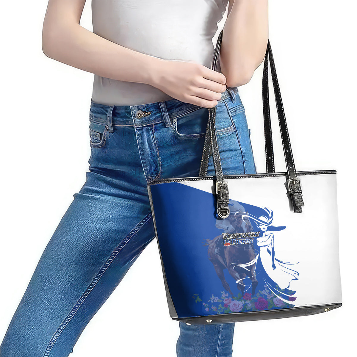 Kentucky Racing Horses Derby Hat Girl Leather Tote Bag Blue Color - Wonder Print Shop