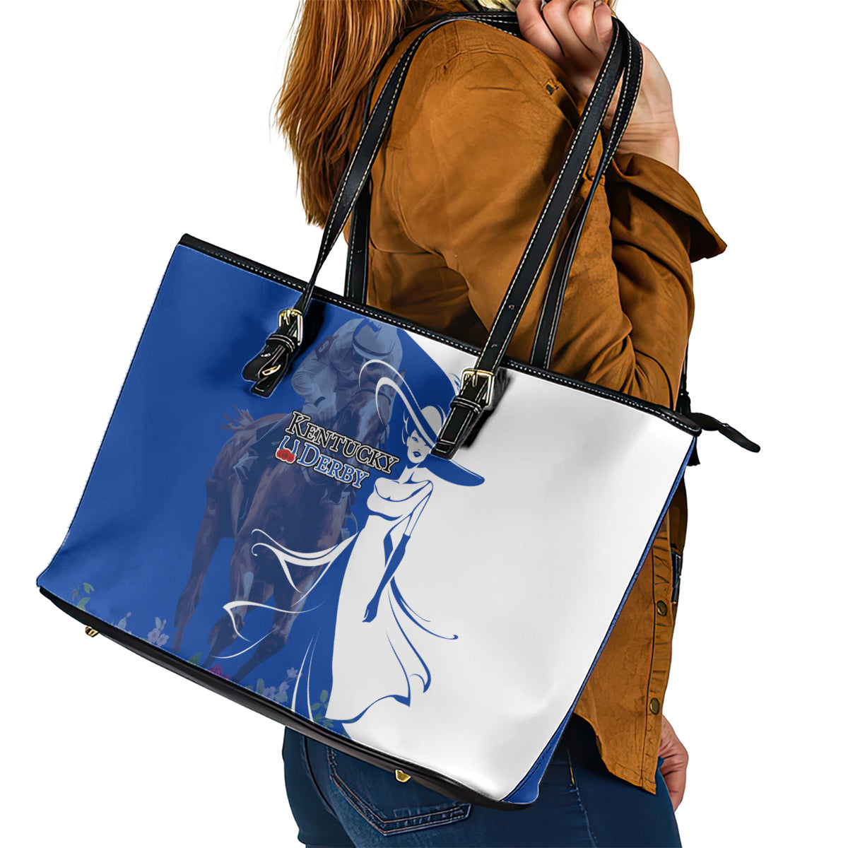Kentucky Racing Horses Derby Hat Girl Leather Tote Bag Blue Color - Wonder Print Shop