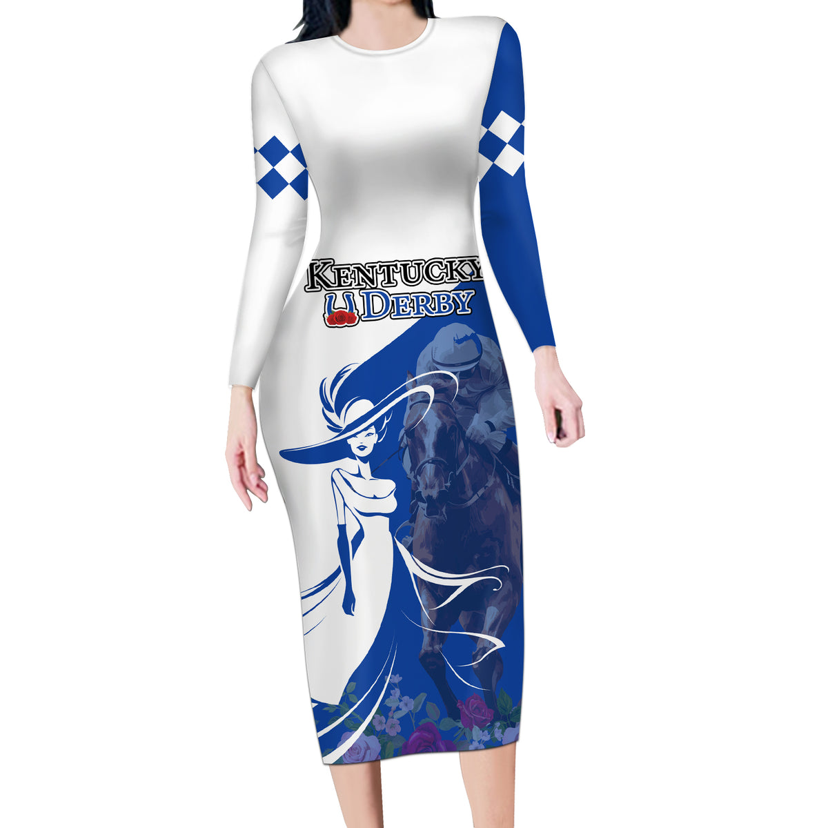 Kentucky Racing Horses Derby Hat Girl Long Sleeve Bodycon Dress Blue Color - Wonder Print Shop