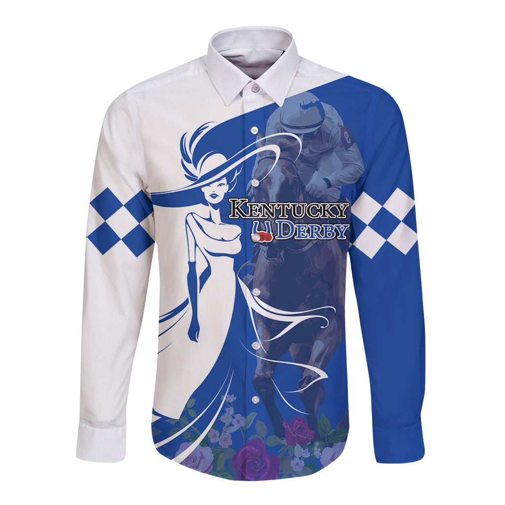 Kentucky Racing Horses Derby Hat Girl Long Sleeve Button Shirt Blue Color - Wonder Print Shop