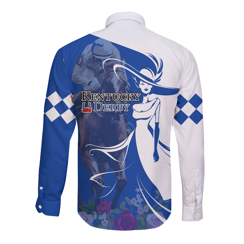 Kentucky Racing Horses Derby Hat Girl Long Sleeve Button Shirt Blue Color - Wonder Print Shop