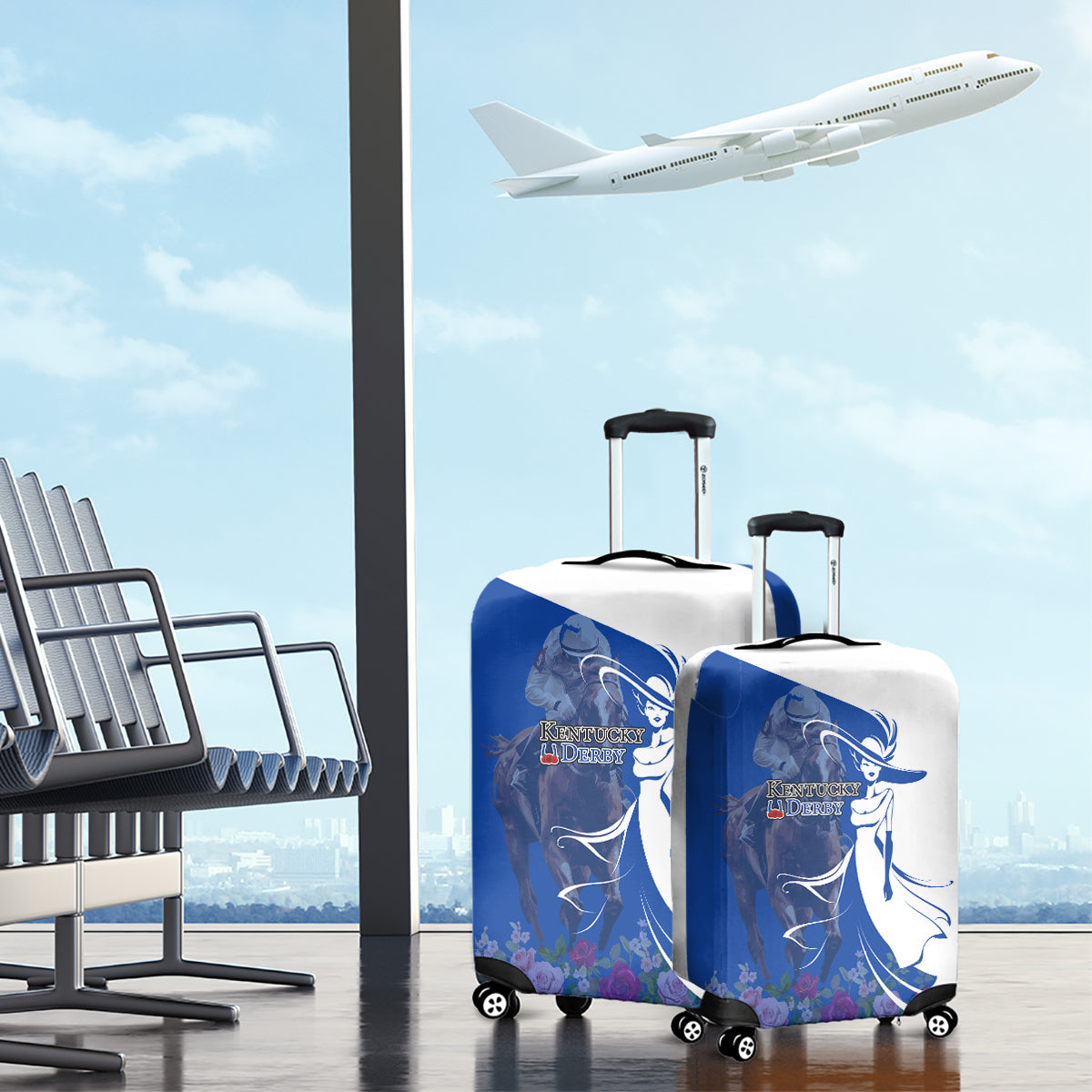 Kentucky Racing Horses Derby Hat Girl Luggage Cover Blue Color - Wonder Print Shop