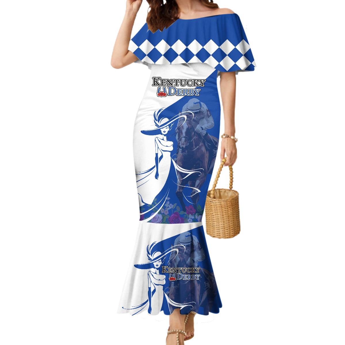 Kentucky Racing Horses Derby Hat Girl Mermaid Dress Blue Color - Wonder Print Shop