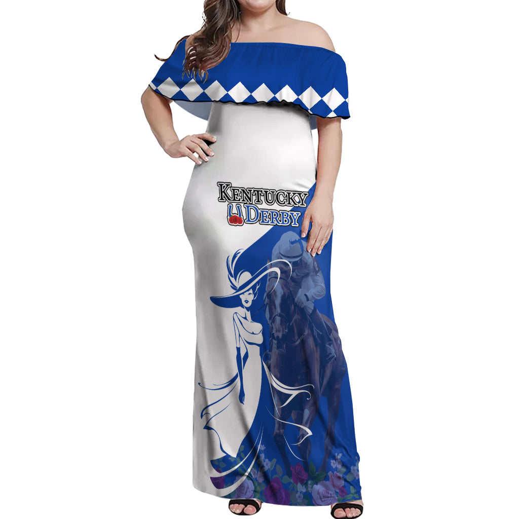 Kentucky Racing Horses Derby Hat Girl Off Shoulder Maxi Dress Blue Color - Wonder Print Shop