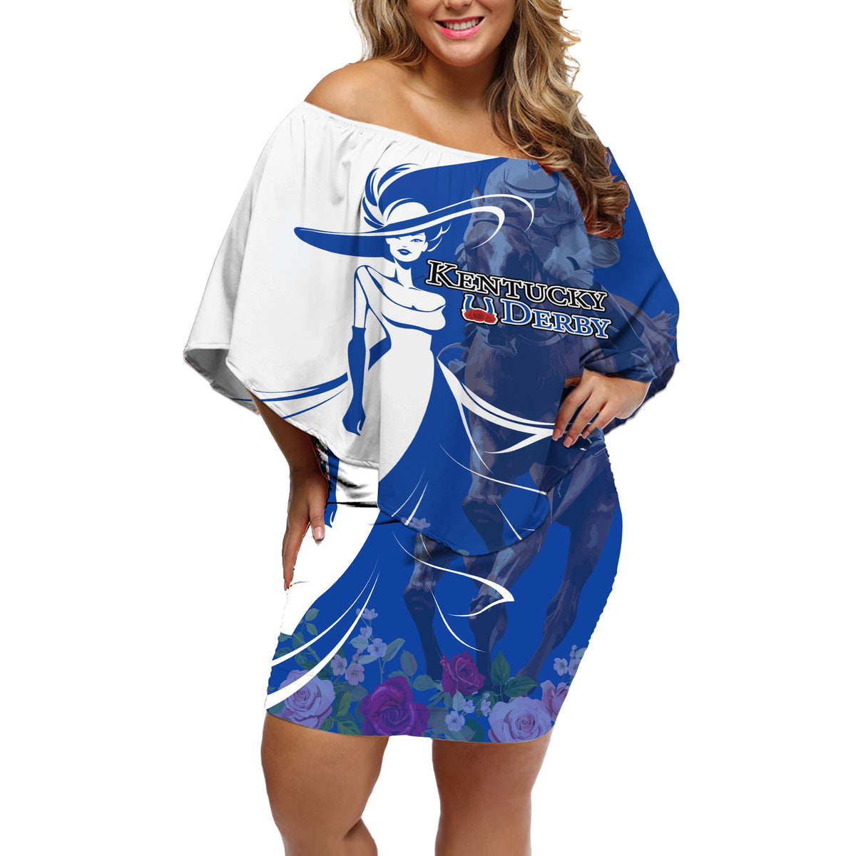 Kentucky Racing Horses Derby Hat Girl Off Shoulder Short Dress Blue Color - Wonder Print Shop