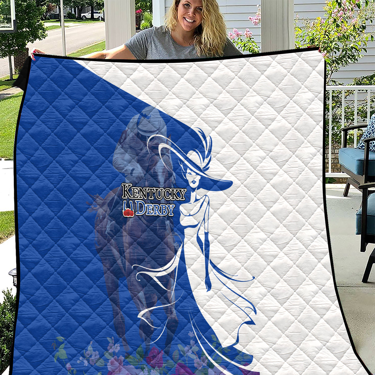 Kentucky Racing Horses Derby Hat Girl Quilt Blue Color