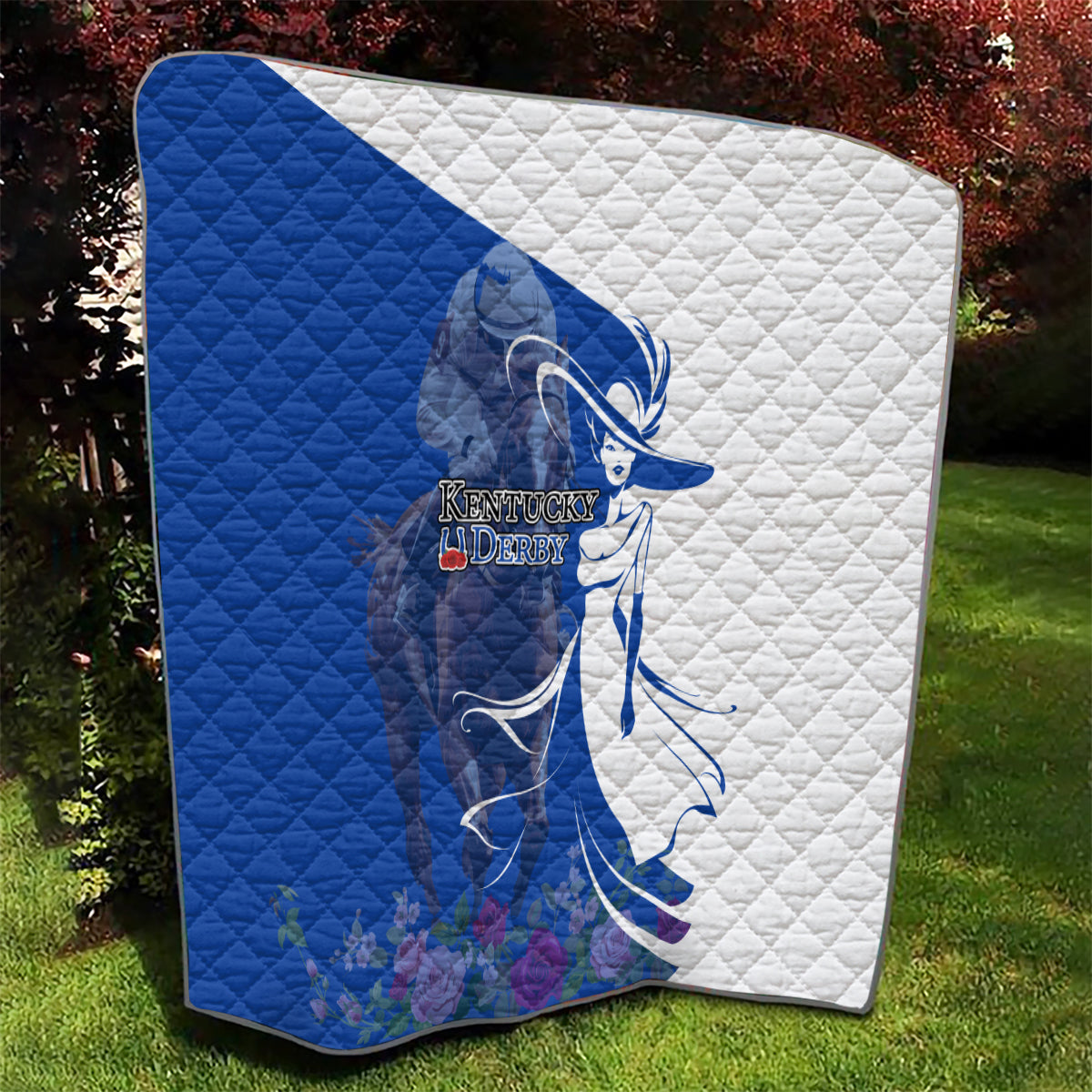 Kentucky Racing Horses Derby Hat Girl Quilt Blue Color - Wonder Print Shop