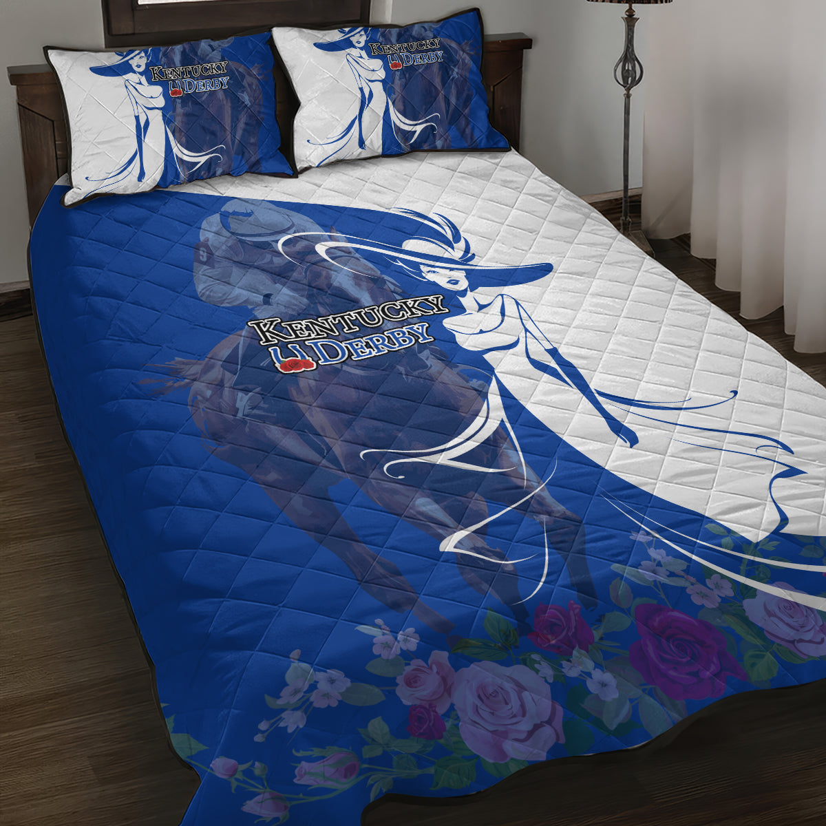 Kentucky Racing Horses Derby Hat Girl Quilt Bed Set Blue Color