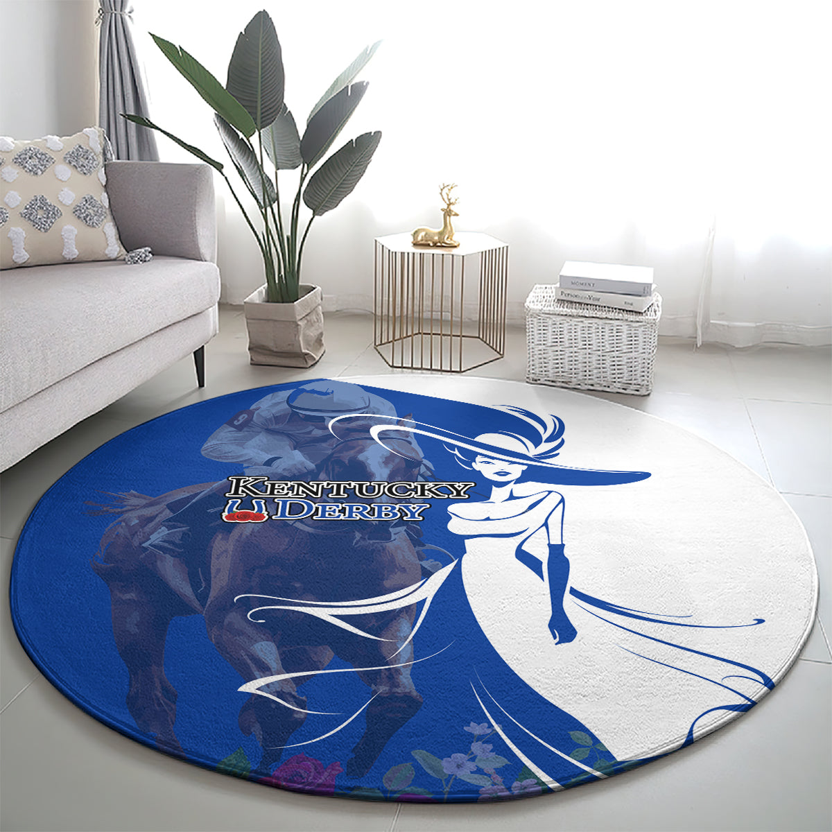 Kentucky Racing Horses Derby Hat Girl Round Carpet Blue Color