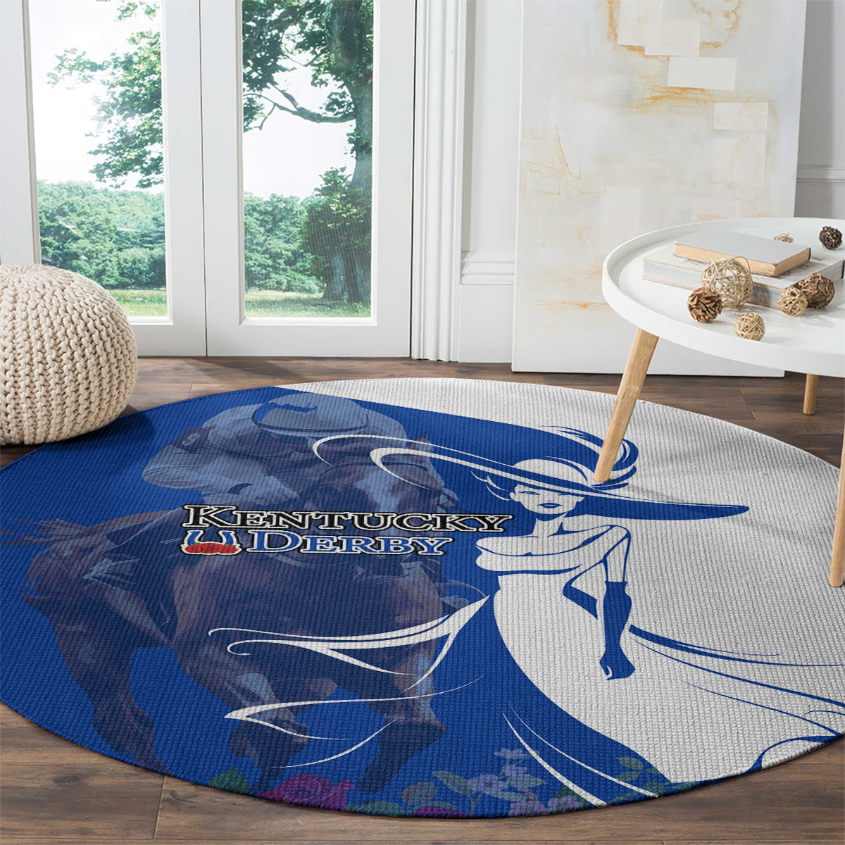 Kentucky Racing Horses Derby Hat Girl Round Carpet Blue Color