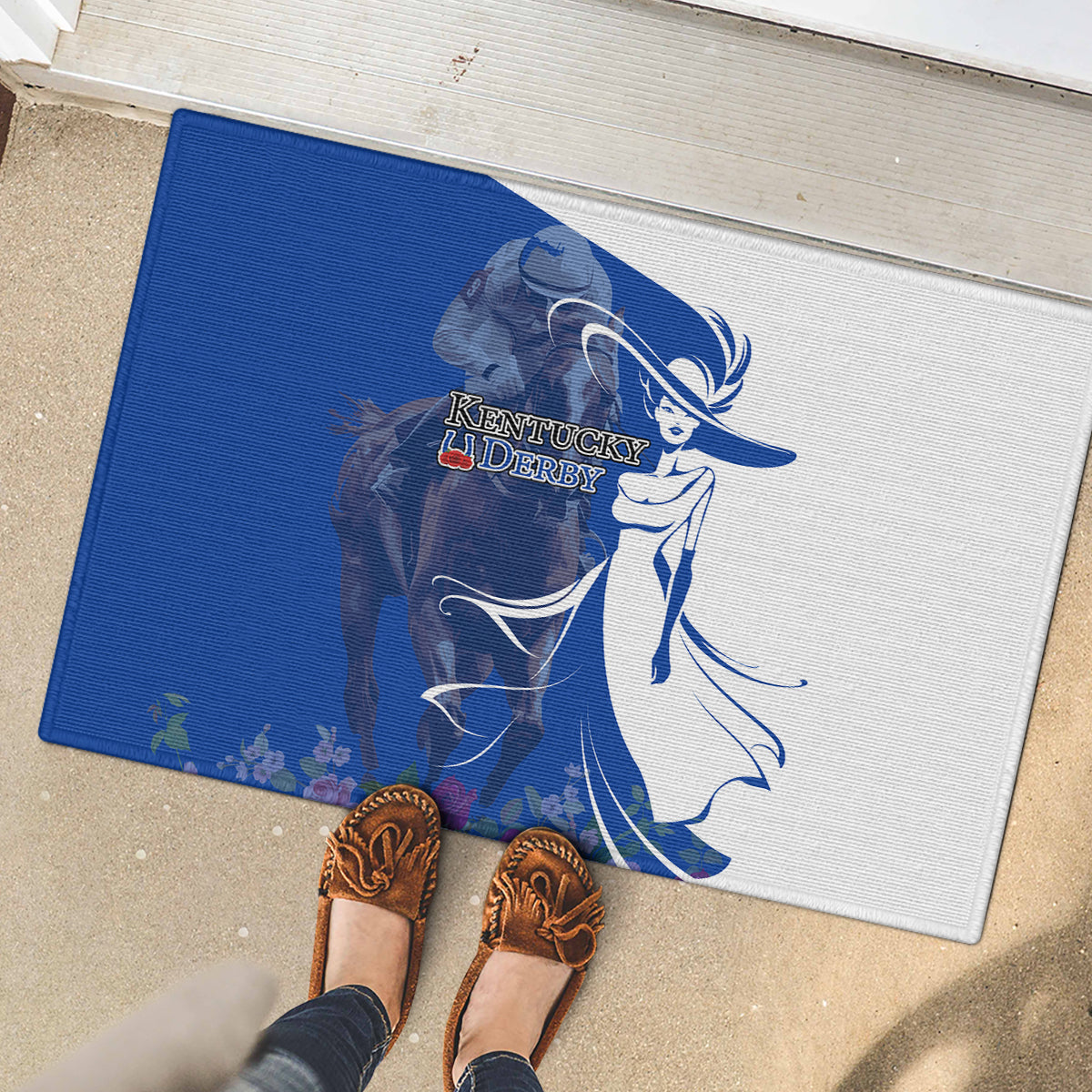 Kentucky Racing Horses Derby Hat Girl Rubber Doormat Blue Color - Wonder Print Shop