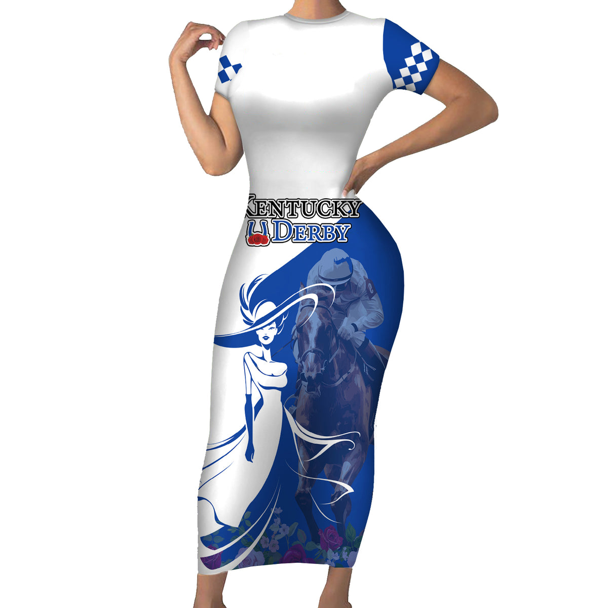Kentucky Racing Horses Derby Hat Girl Short Sleeve Bodycon Dress Blue Color - Wonder Print Shop
