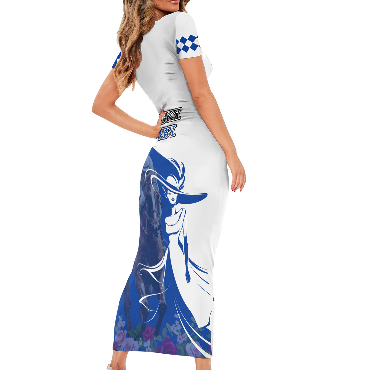 Kentucky Racing Horses Derby Hat Girl Short Sleeve Bodycon Dress Blue Color - Wonder Print Shop