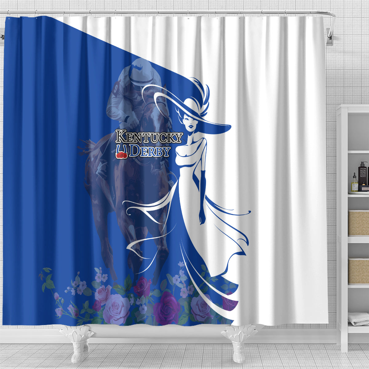 Kentucky Racing Horses Derby Hat Girl Shower Curtain Blue Color