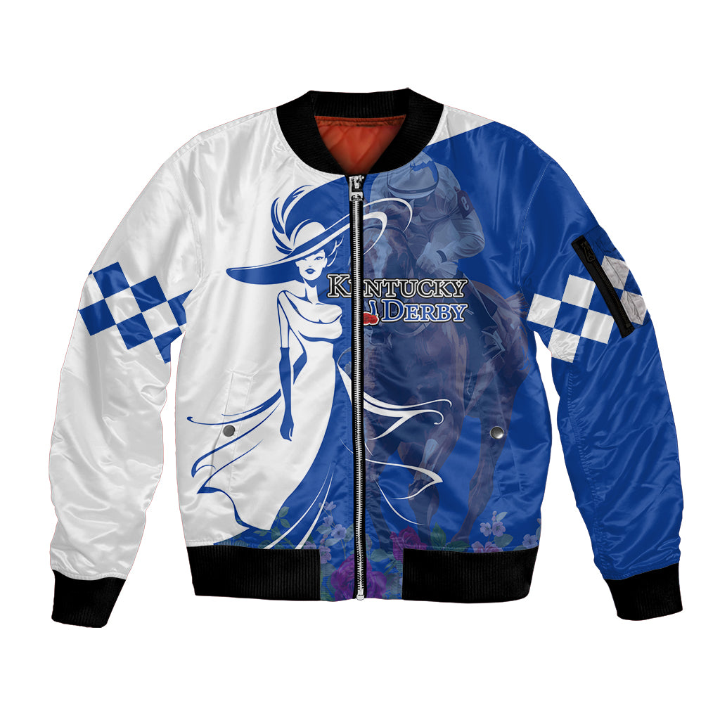 Kentucky Racing Horses Derby Hat Girl Sleeve Zip Bomber Jacket Blue Color - Wonder Print Shop