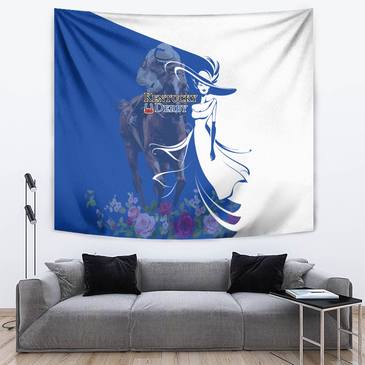 Kentucky Racing Horses Derby Hat Girl Tapestry Blue Color - Wonder Print Shop
