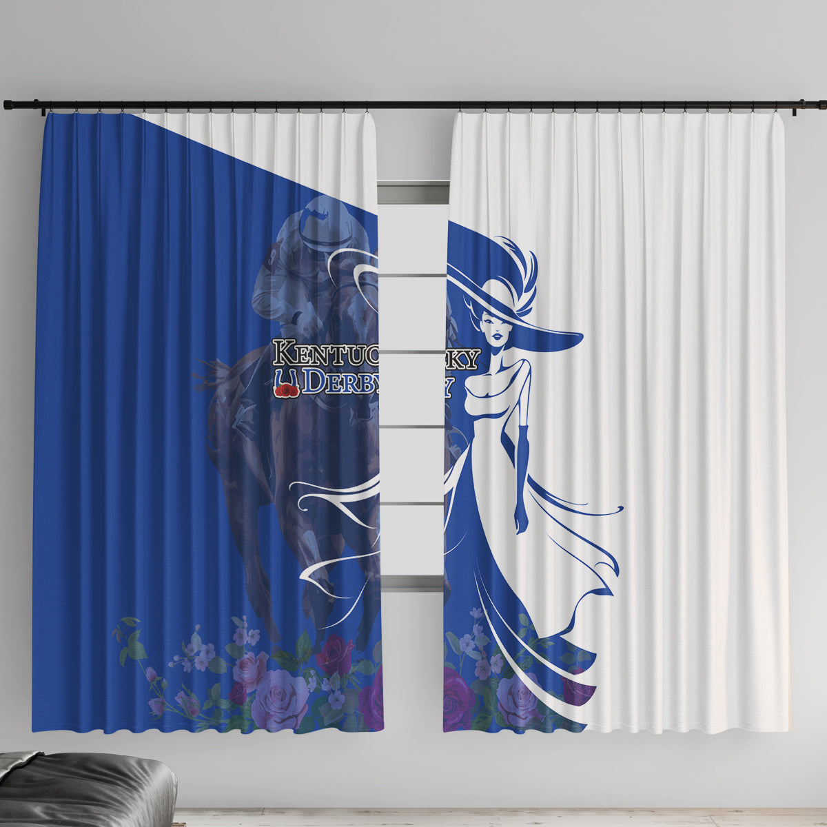 Kentucky Racing Horses Derby Hat Girl Window Curtain Blue Color - Wonder Print Shop