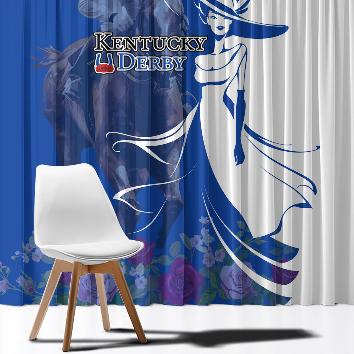 Kentucky Racing Horses Derby Hat Girl Window Curtain Blue Color - Wonder Print Shop