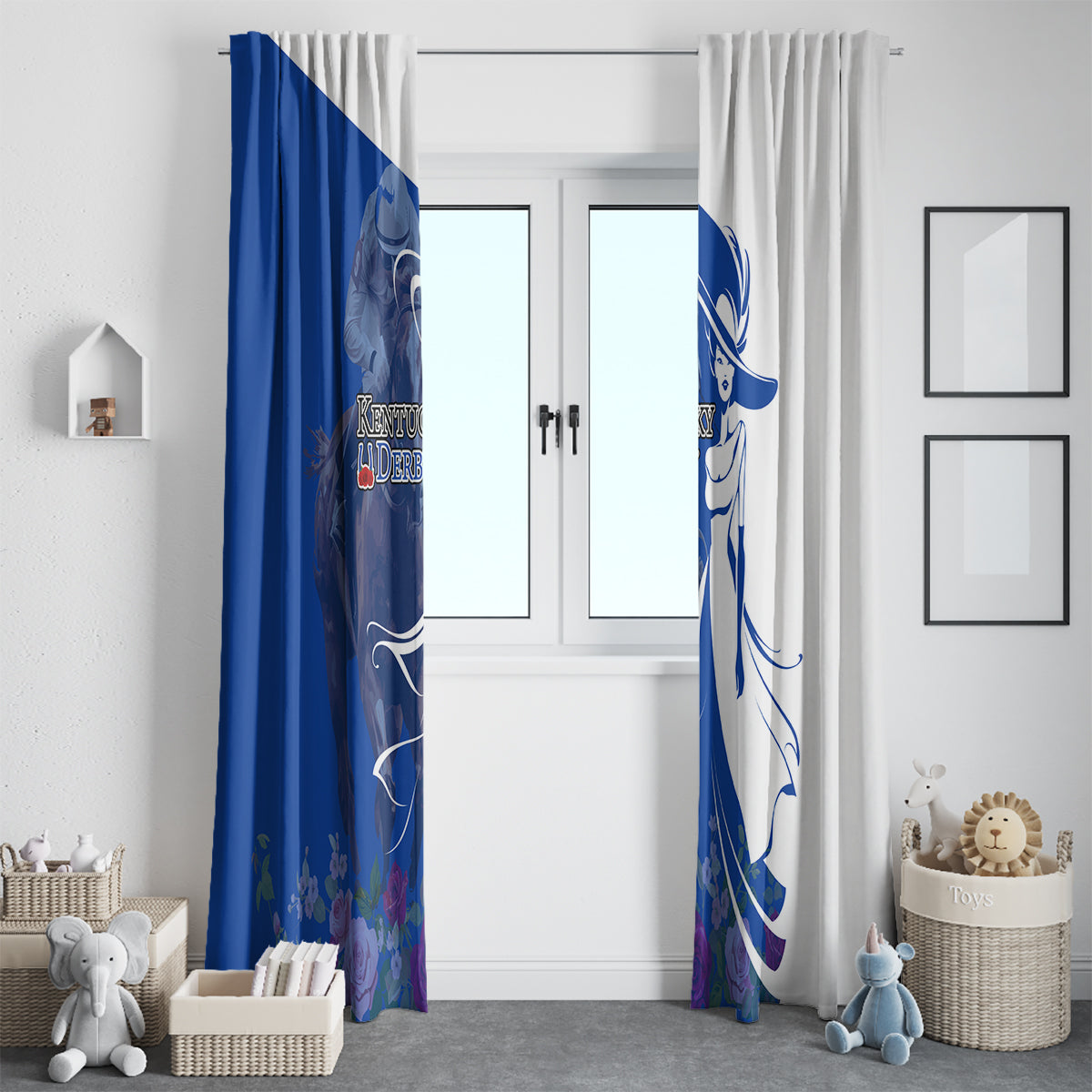 Kentucky Racing Horses Derby Hat Girl Window Curtain Blue Color - Wonder Print Shop