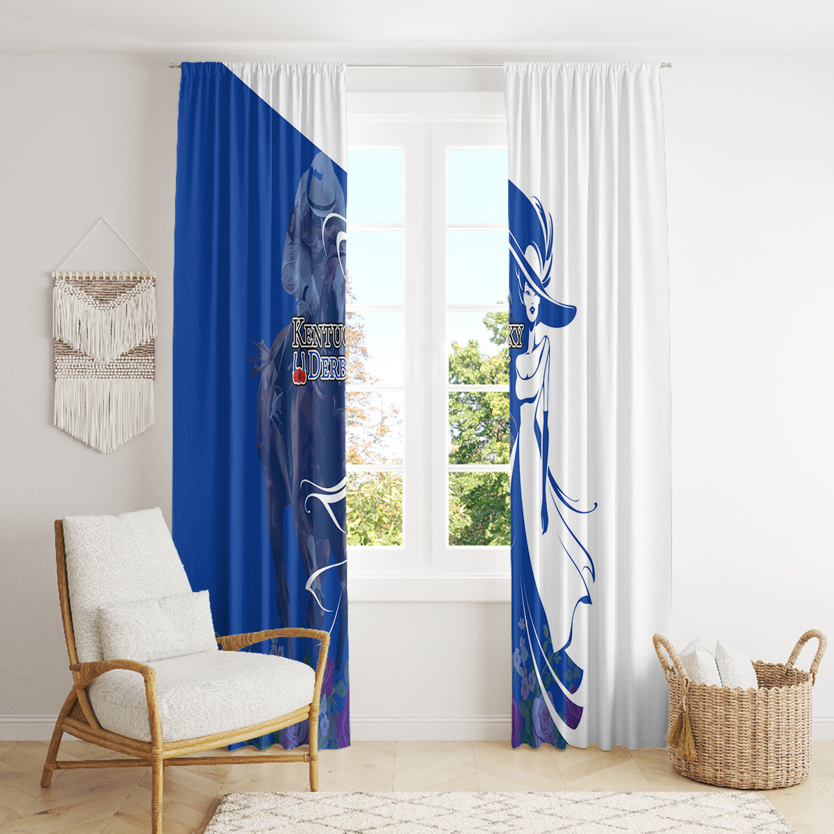 Kentucky Racing Horses Derby Hat Girl Window Curtain Blue Color - Wonder Print Shop