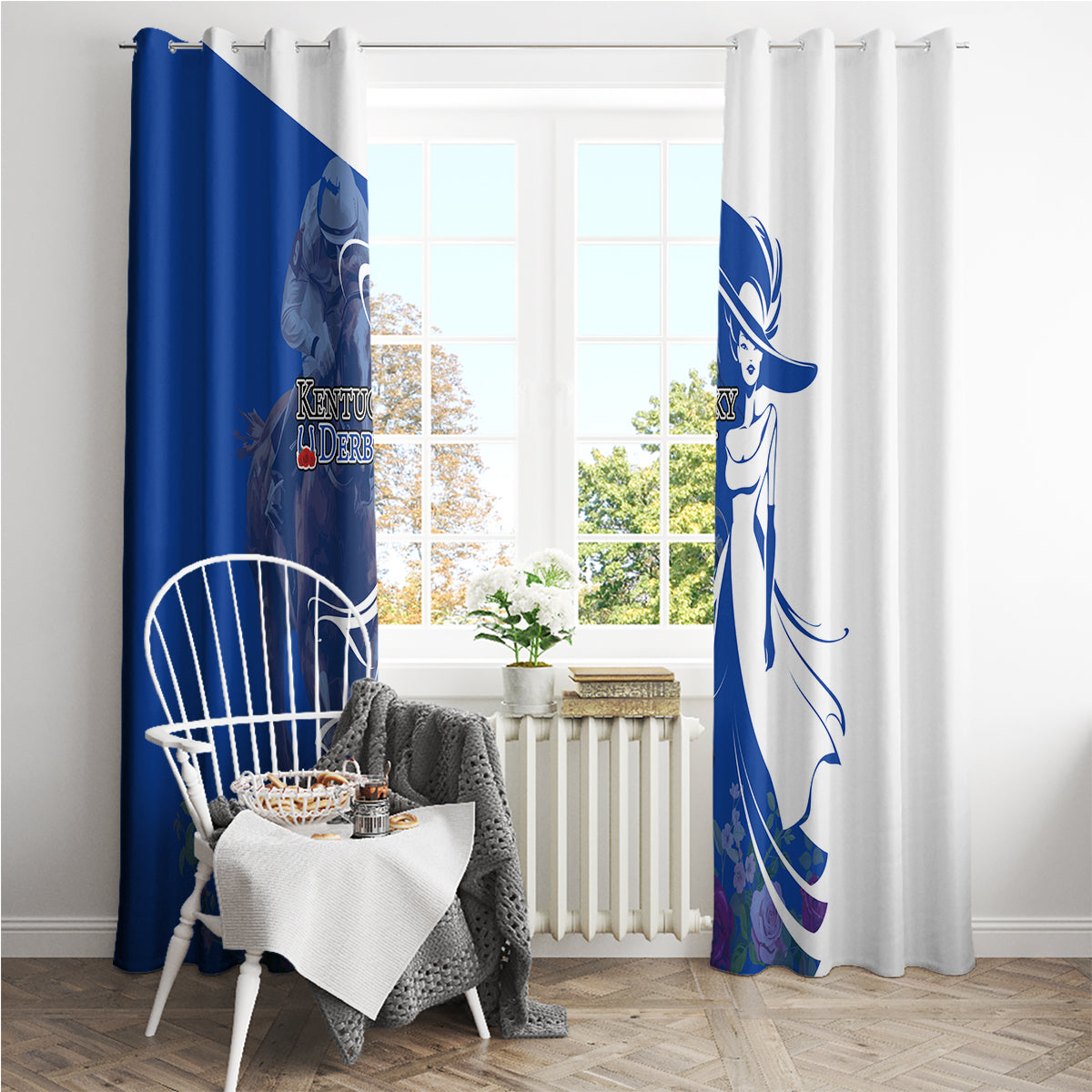 Kentucky Racing Horses Derby Hat Girl Window Curtain Blue Color - Wonder Print Shop